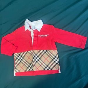 Toddler Boys Red & White Burberry 3/4 Sleeve Shirt. Size 12 Months.